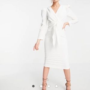 Little Mistress puff shoulder tie front detail midi dress in cream
